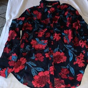 Gently Loved Crimped Chiffon Red Poppy Pattern Long Sleeve Blouse by Zara